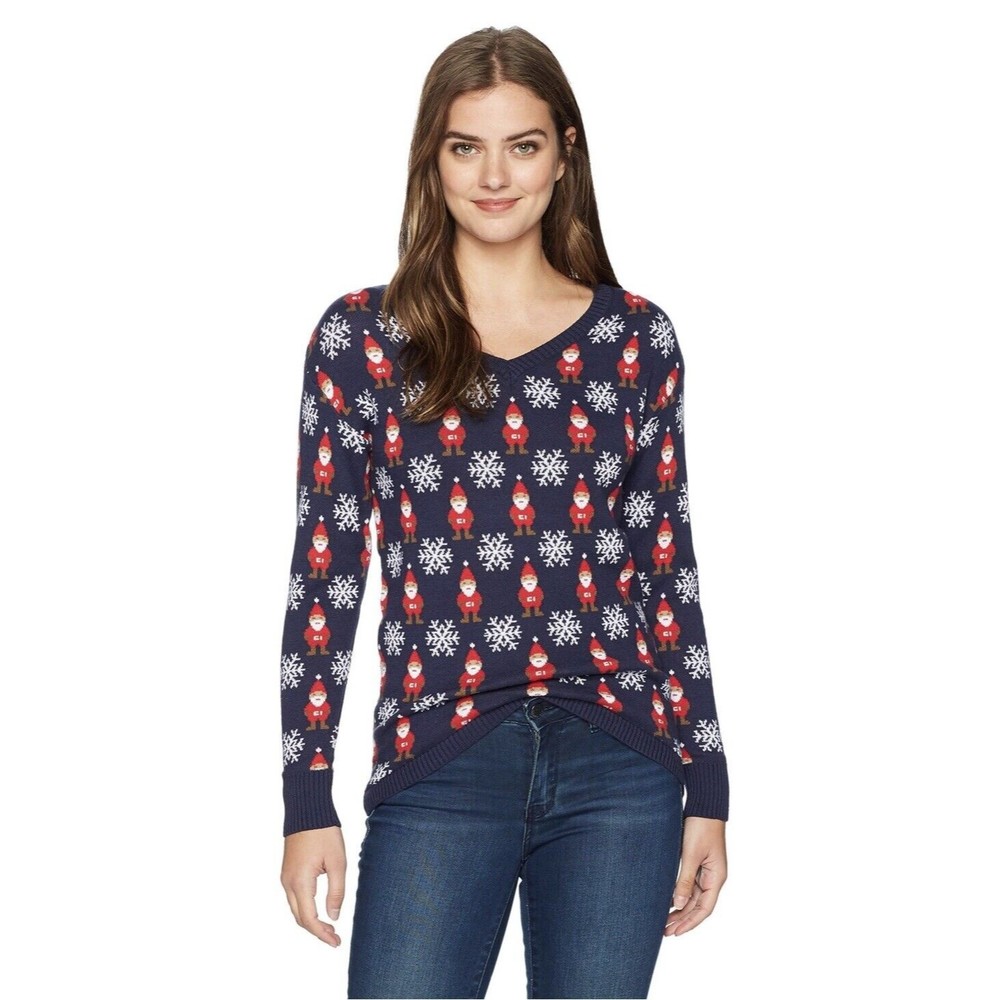 Isabella's Closet Womens All Over Santa V-Neck Ugly Christmas, Blue, Size Medium